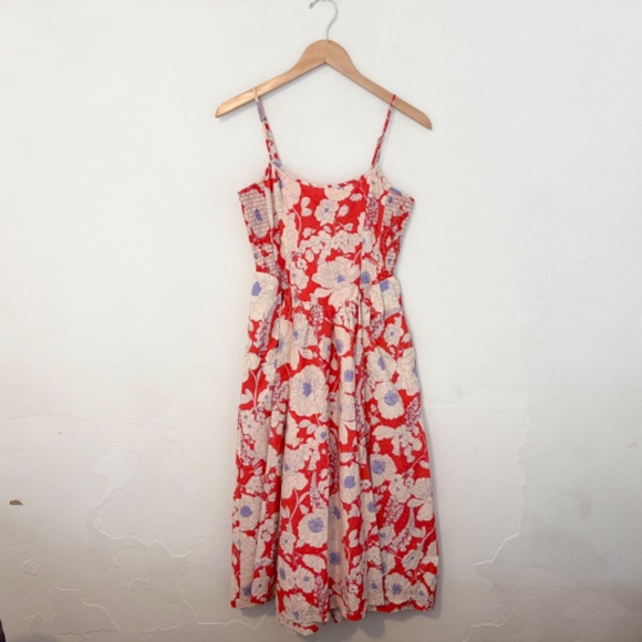 Maeve Anthropologie Sleeveless Midi Dress Ruched Back sz XS Red Floral NWT - Picture 3 of 6